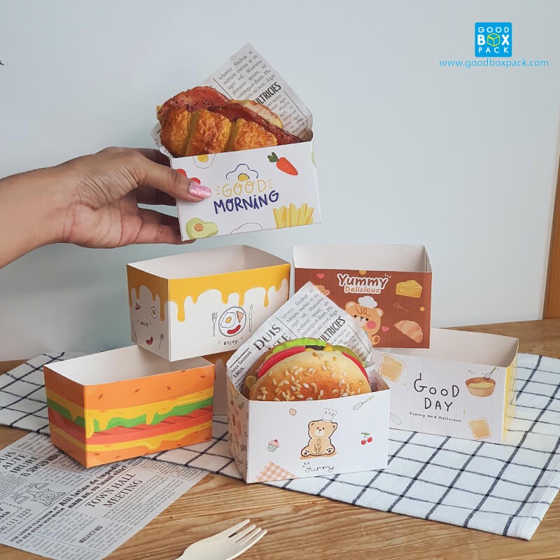 Goodboxpack (แพ็คละ50ใบ)กล่องใส่แซนวิช ใส่ทิมเบอริง ขนาดกว้าง 6 x ยาว 10 x สูง 6 ซม.