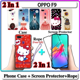 2 IN 1 เคส OPPO F9 พร้อมกระจกนิรภัยโค้ง ป้องกันหน้าจอเซรามิค สําหรับเด็กผู้หญิง และคิตตี้