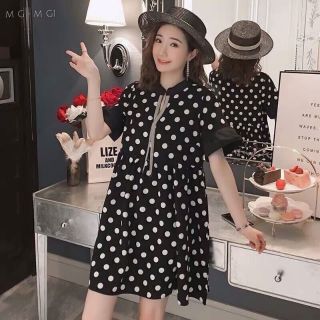 👗เดรส dot น่ารัก คอวีแต่งแถบเงิน แขนระบาย👗