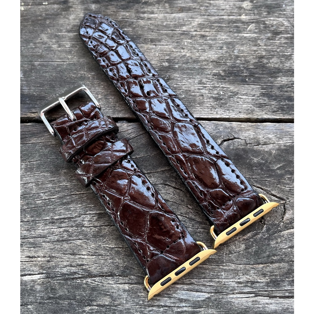 สายนาฬิกาหนังจระเข้แท้100% สีน้ำตาล สำหรับ Apple watch 42MM 44MM 45MM ตัวเชื่อมสีทอง