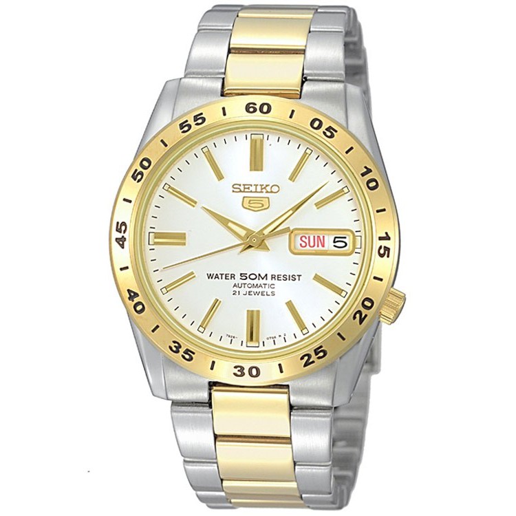 นาฬิกาข้อมือผู้ชาย Seiko Men's 5 Automatic Watch Silver/Gold Stainless Steel Strap รุ่น SNKE04K1