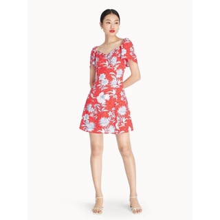 Pomelo Red Floral Dress เดรสแดง ลายดอกฟ้าอ่อน แขนจีบ คอเหลี่ยม size xs