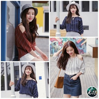 K18💜Korean เสื้อสายเดี่ยวปาดไหล่ แขนห้าส่วน  แต่งเชือกผูกหน้าอกเก๋ๆ ผ้าลินิน ใส่สบาย