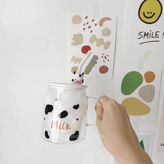 (พร้อมส่ง) แก้วมัคใส มีหูจับ มีฝา ลายน้องวัว