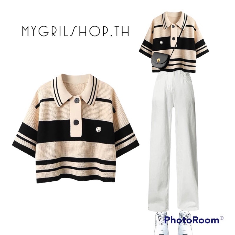 MYGRILSHOP.TH👑👑เสื้อโปโลทางแถบปักหมี07113-2