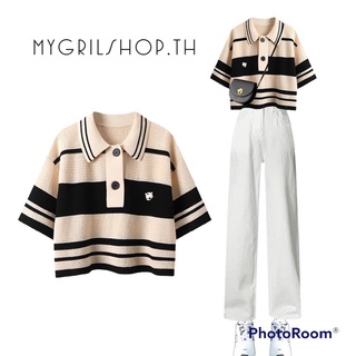 MYGRILSHOP.TH👑👑เสื้อโปโลทางแถบปักหมี07113-2
