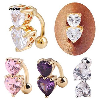 SKYSTAR_Reverse Crystal Zircon Bar Belly Ring Gold Body Piercing Button Navel Two Hearts