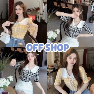 OFF SHOP พร้อมส่ง (OFF-8K51)  เสื้อไหมพรม แชนสั้น คอบัวน่ารักมาก ดีเทลลายตาราง2สี -C