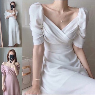 ❤พร้อมส่ง❤S-2XL เดรสสีพื้น ชุดเดรสออกงาน เดรสยาว เดรสสีขาว แมกซี่เดรส ชุดไปทะเล ชุดแต่งงาน
