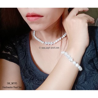 [SW_M195] ชุดเครื่องประดับไข่มุกแท้สีขาว 7-8mm แต่งจี้ดอกไม้เพชรน่ารัก