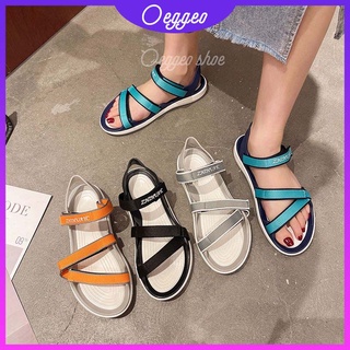 Oeggeo shop Velcro รองเท้าแตะลําลอง ส้นแบน สําหรับสตรี