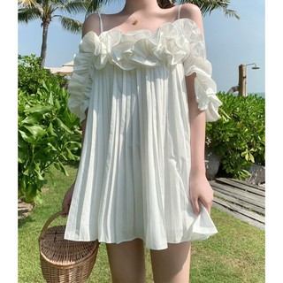 004 Sweet Peach : White Coral Dress เดรสสั้นสีขาวเที่ยวทะเล