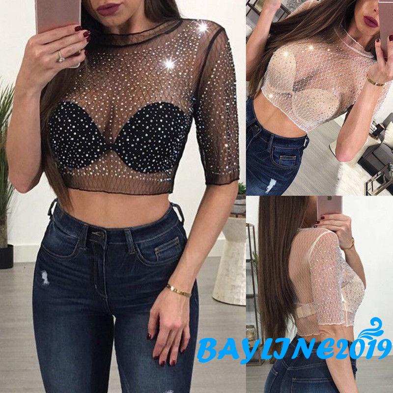Bay-เสื้อครอปผู้หญิง,เสื้อเลื่อมตาข่ายเชียร์ซีทรูแขนกลางฤดูร้อนtee