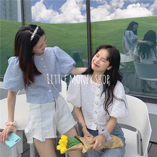 Little money shop 5229 เสื้อคอกลม แขนสั้นบอลลูน กระดุมมุก ผ่าหน้าใช้งานได้จริง เนื้อผ้าลายนูน เรียบหรูดูดีมาก H42