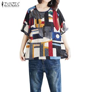 ZANZEA Women Casual Short Sleeve Printed Vintage Loose Tops