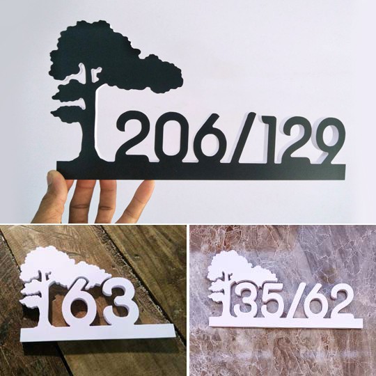 ป้ายบ้านเลขที่ บ้านเลขที่ พลาสวูด 10mm เนื้อสีขา ทนฝนทนแดด ติดง่ายด้วยกาว 2 หน้า