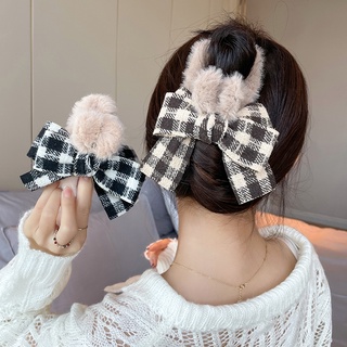 Plaid Bow Plush Hair Bow Large Korean Style Temperament Claw Clip