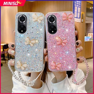 เคสโทรศัพท์มือถือ ซิลิโคนนุ่ม แต่งกลิตเตอร์ เลื่อมผีเสื้อ 3D พร้อมสายคล้องคริสตัล สําหรับ Huawei Nova 9 9Pro 9SE 8 8Pro 8SE 7 7SE 7i Nova 5T 3i 4E