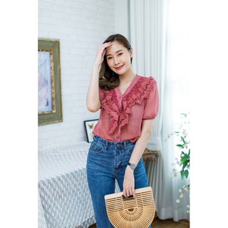 8340-2 เสื้อลูกไม้แต่งฉลุซีทรูระบาย
