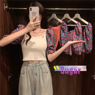 Sugar 🌈 พร้อมส่ง🌈 เสื้อปาดไหล่ แต่งเเขนผ้าชีฟองลายดอก (9553)