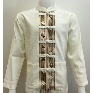 [ส่งฟรี]เสื้อผ้าฝ้าย 100% คอจีน กระดุมจีน เดินเชือก(สี) สีครีม แขนยาว