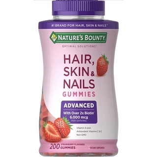 🌟แท้100%🌟พร้อมส่ง‼️🇺🇸Natures Bounty Optimal Solutions Advanced Hair, Strawberry, 200 Count🇺🇸 สูตรเข้มข้น 6000mcg