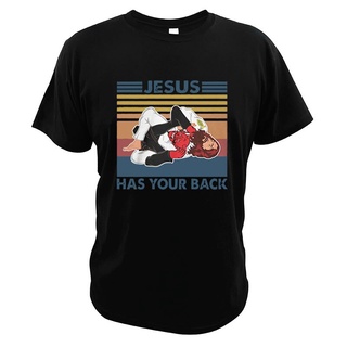 [S-5XL]เสื้อยืดคอกลม พิมพ์ลาย Jesus Has Your Back Jiu Jitsu Wrestling Novelty Fight Devil คุณภาพสูง สไตล์วินเทจ สําหรับผ