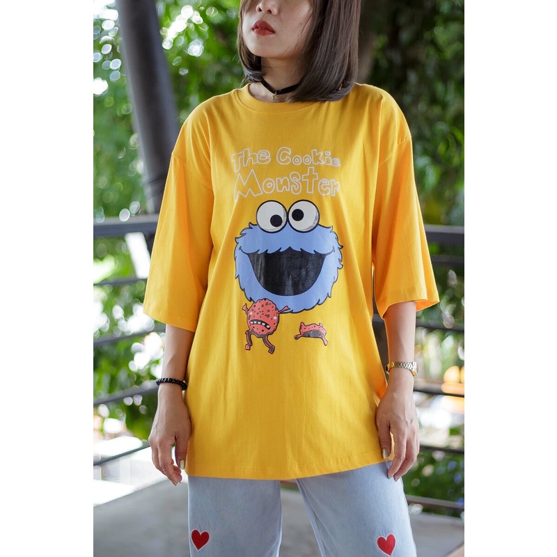 เสื้อโอเวอร์ไซส์ เสื้อสกรีน Cookie Monster คุ้กกี้มอนเตอร์ Elmo เอลโม่ เสื้อยืด ผ้าคอตตอนแท้ ตัดเย็บในไทย