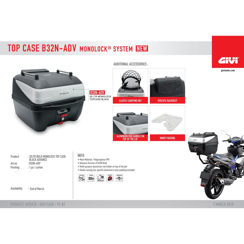 ใหม่ GIVI BOX B32N-ADV (2019) TOP BOX TOP CASE -INCLUDE BACKREST & CARGO NET& TOP LID HANDLE