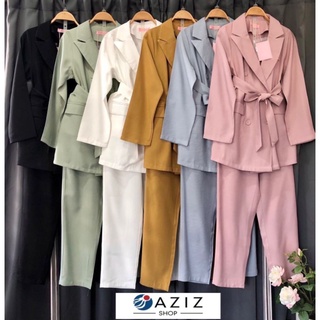 พร้อมส่ง📗 blazer +สายผูกเอว+กางเกง📔ผ้าคอทตอลลินิน aziz