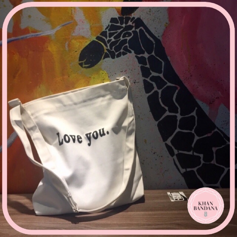 Love you กระเป๋าสะพายข้างผ้าแคนวาส ขนาด 31x34cm