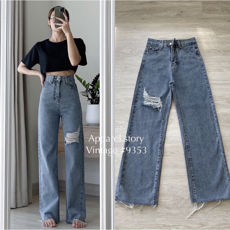 [เก็บโค้ดหน้าร้าน 30% เหลือ 312.-] กางเกงยีนส์ vintage 9353 กระบอกใหญ่ แต่งขาด