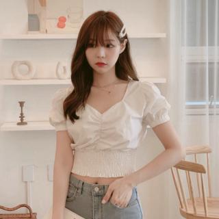 Pleated elastic waist short shirt womens Korean French small solid waist top bubble sleeve V-neck 2020