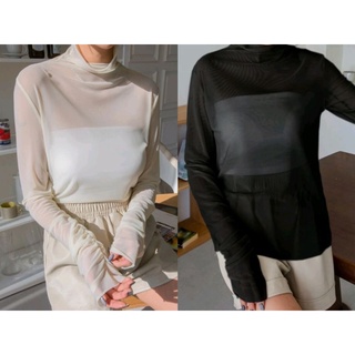 พร้อมส่ง! เสื้อซีทรูผ้าตาข่ายเนื้อนิ่มแขนยาว คอเต่าSee through mesh shirt