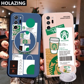 เคสโทรศัพท์มือถือ ขอบสี่เหลี่ยม ลาย Starbucks พร้อมแหวนขาตั้ง สําหรับ Samsung Galaxy Note 20 Ultra A30 A20 A50S A10 A12 M12 M10