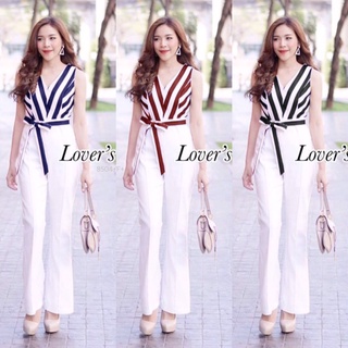 8504 Jumpsuit จั๊มสูท แขนกุด ลายทาง กางเกงสีพื้น + สายผูกเอว