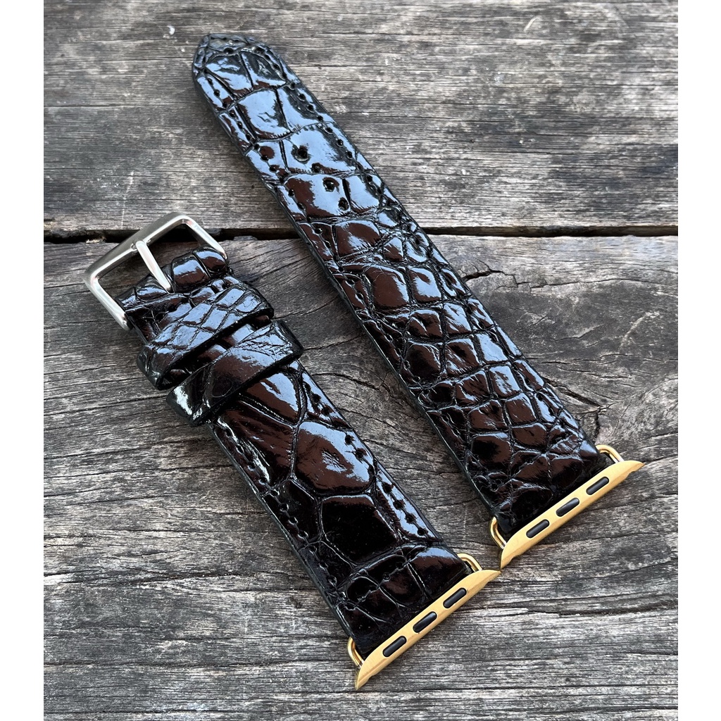 สายนาฬิกาหนังจระเข้แท้100% สีดำ สำหรับ Apple watch 42MM 44MM 45MM ตัวเชื่อมสีทอง