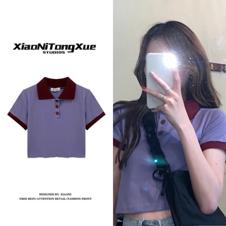 Summer short-sleeved t-shirt female polo collar college style design sense niche ins tide high waist cropped