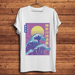 เสื้อยืดแขนสั้นลําลอง พิมพ์ลาย Vaporwave The Great Wave off Kanagawa สีขาว แฟชั่นฤดูร้อน สําหรับผู้ชาย และผู้หญิง