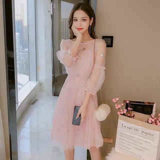 🌸S~XL เดรสตาข่ายปักลายดาวสีชมพูคอกลมย้อนยุคเอว