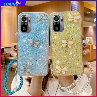 เคสโทรศัพท์มือถือนิ่ม ลายผีเสื้อ 3D แต่งกลิตเตอร์ พร้อมสายคล้องมือคริสตัล สําหรับ Xiaomi Redmi 10 10C 10A 9 9A 9T 9C 8 8A Redmi K30 K30Pro K40 K40Pro