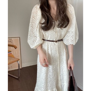 พร้อมส่ง 🐳🐡🐋 lace white dress C2411 เดรสยาวลายลูกไม้ เดรสยาวลูกไม้ แถมฟรีเข็มขัด มี 2 สี ครีม ดำ