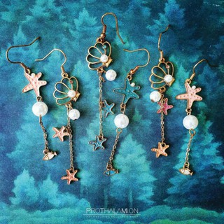 Korea Cute Seashell and StarFish Earrings : ต่างหู ตุ้มหู เกาหลี รูป เปลือกหอย และ ปลาดาว สี ชมพู บานเย็น ฟ้า น่ารัก