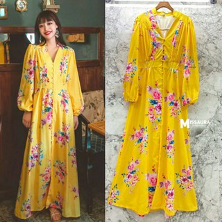 Dress korea style คอวี แต่งกระดุม ด้านหน้า  ผ้าพิมพ์ลาย งานพิมพ์สีสดใสสุดๆ งานโคเรียมากๆ