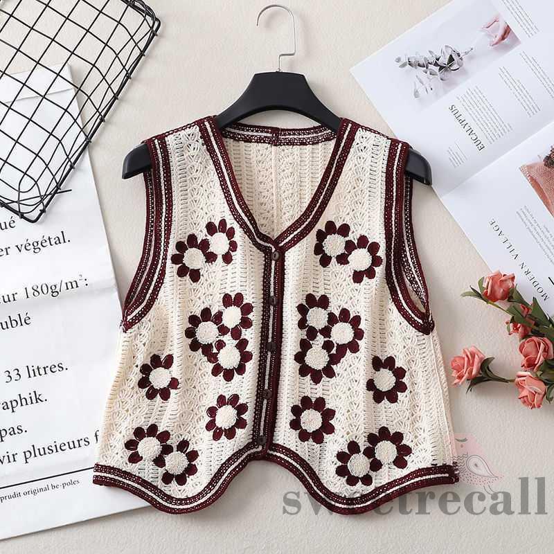 SWT-Women’s Crochet Knit Tank Tops, Vintage Sleeveless V Neck Loose Floral Sweater Vest #6