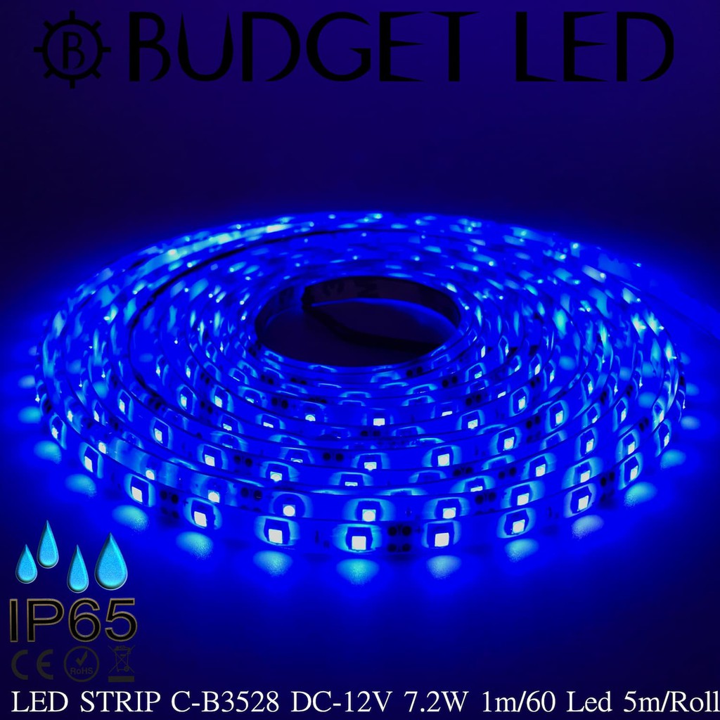 LED STRIP C-B3528-60-BLUE DC-12V 7.2W/1M IP65 ยี่ห้อBUDGET LED แอลอีดีไฟเส้นสำหรับตกแต่ง 300LED/5M 3