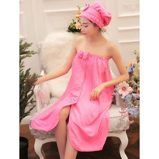 ann0006 ผ้าเช็ดตัวนาโน สีชมพู สดใส นุ่งได้ ฟรี ผ้าคลุมหัว