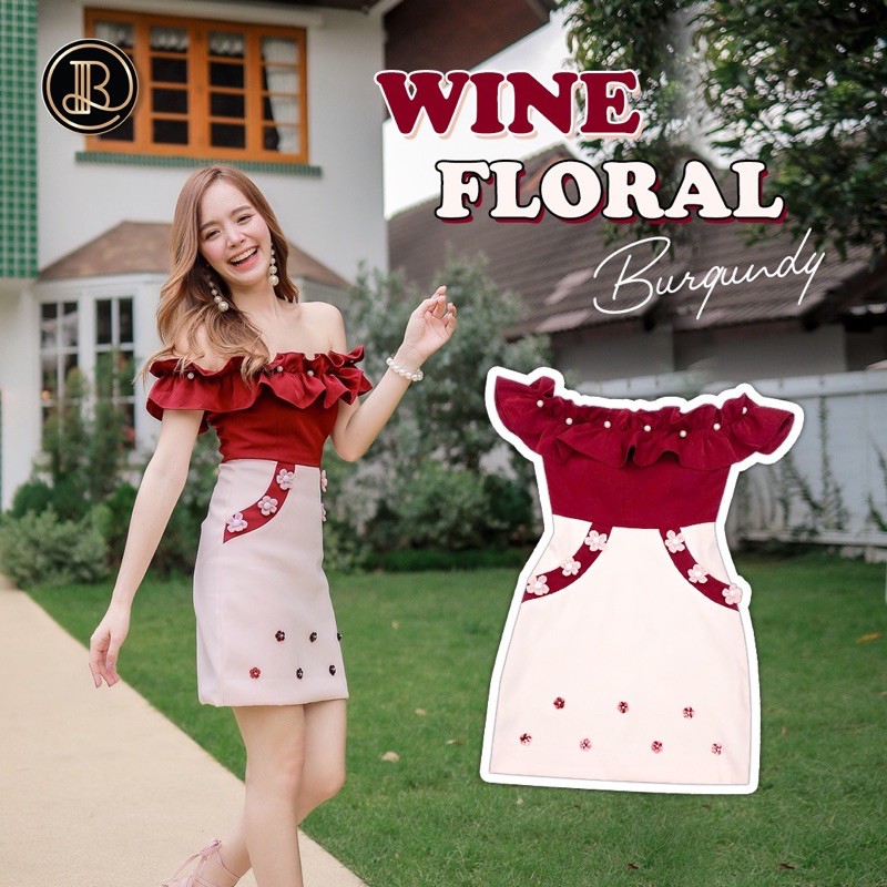 เดรสสีแดงครีม Wine Floral แบรนด์ BLT