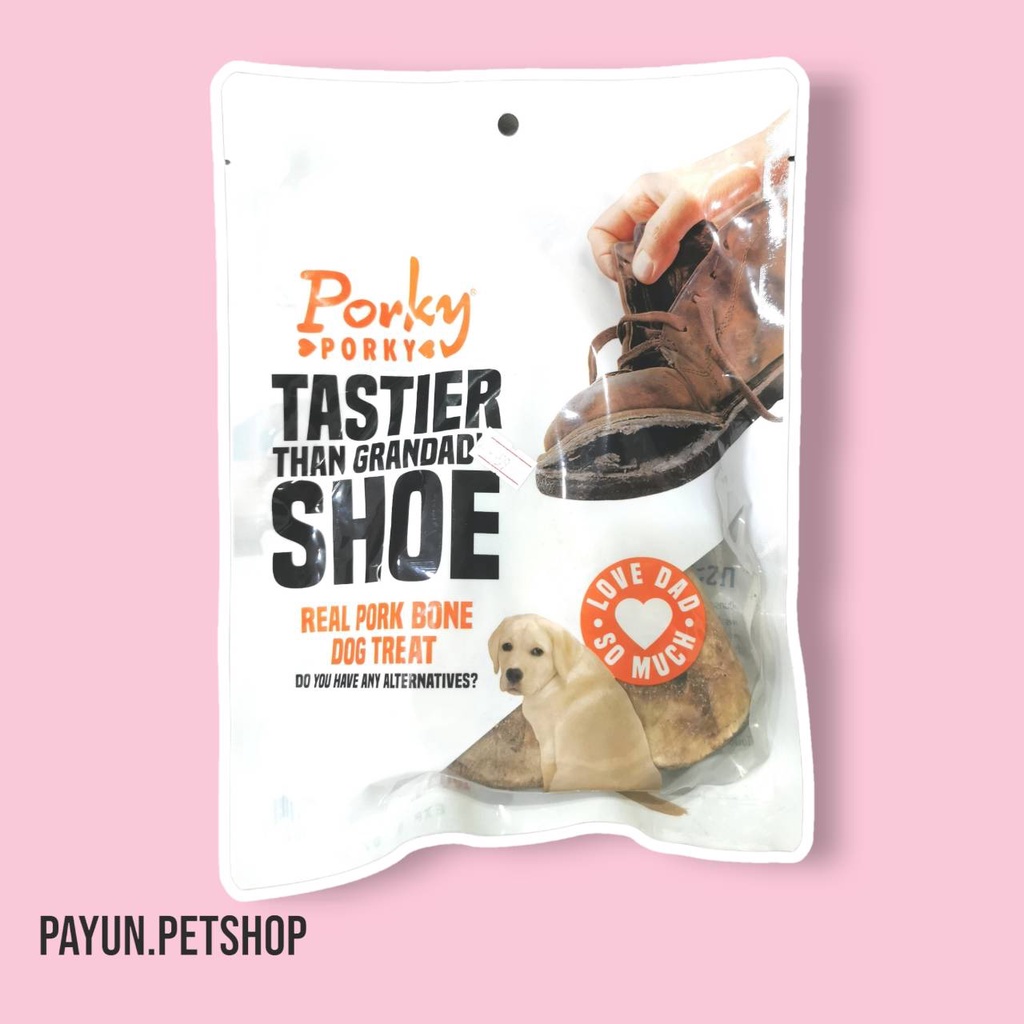 Porky porky 100กรัม Tastier than grandad's  SHOE PORK BONE กระดูกหมูอบ(ขายดีมาก)​ ขนมสุนัข กระดูกสุน