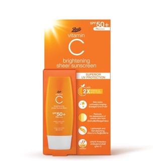 BOOTS VITAMIN C บู๊ทส์ วิตามิน ซี ไบรท์เทนนิ่ง เชียร์ ซันสกรีน เอสพีเอฟ50+ พีเอ++++:30 มล